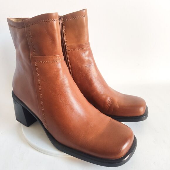 Bass Boots Size 8 90s Y2K Leather Camel Tan Square Toe Mid-Calf Vintage Womens - Picture 2 of 12